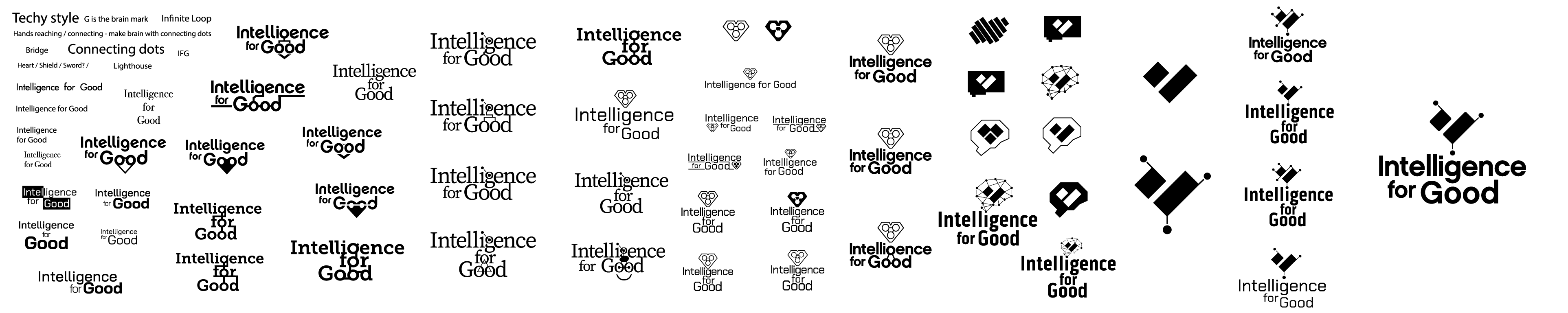 Many different design options illustrating the conceptual journey of Intelligence for Good