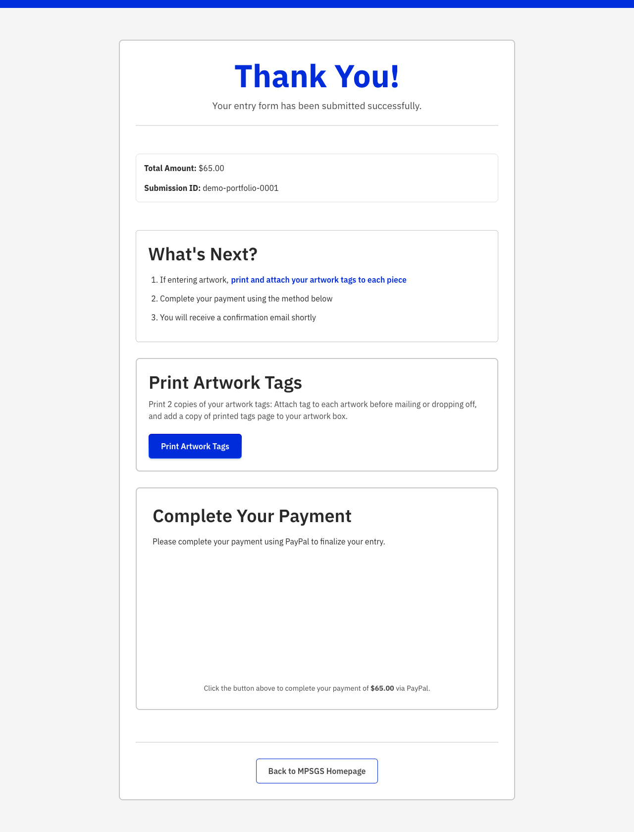Confirmation page with submission ID, PayPal payment button, and links to print tags or a full form reference copy