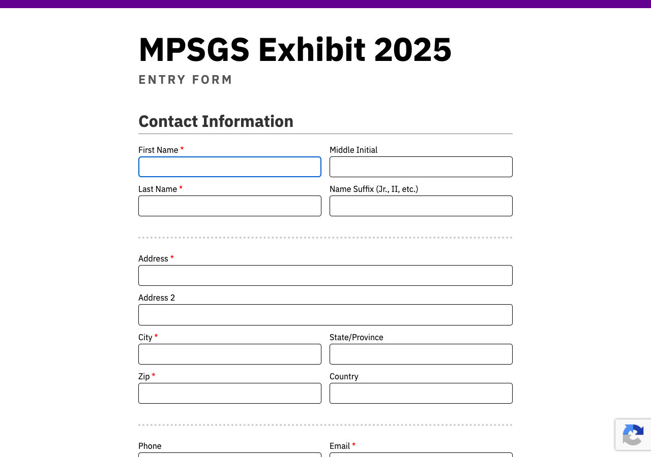 2025 legacy single-page form showing contact fields, entrant status, and artwork sections on one scrollable page