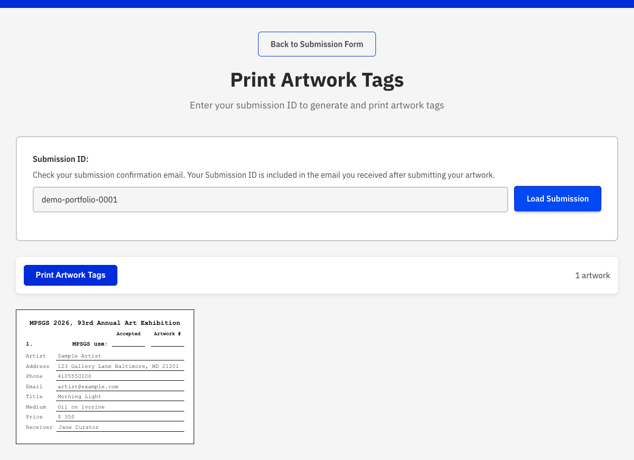 Tag lookup page showing a printable artwork tag with title, medium, dimensions, and price fields