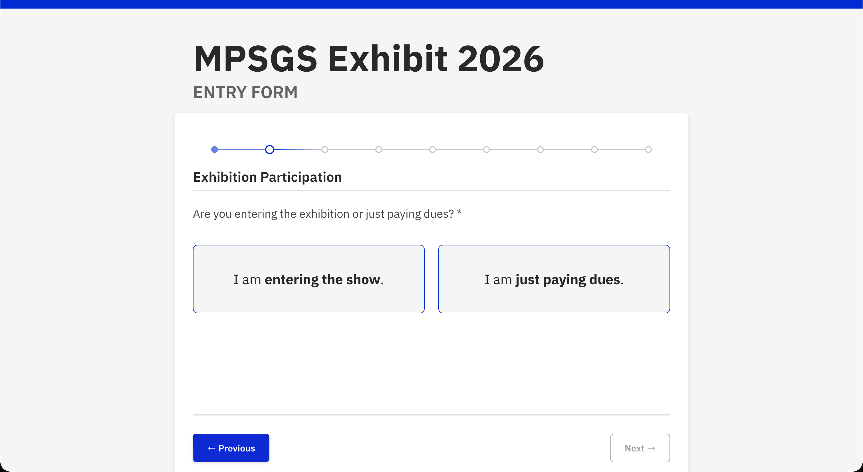 2026 wizard step with card options for dues only, new artist, returning member, and returning non-member paths