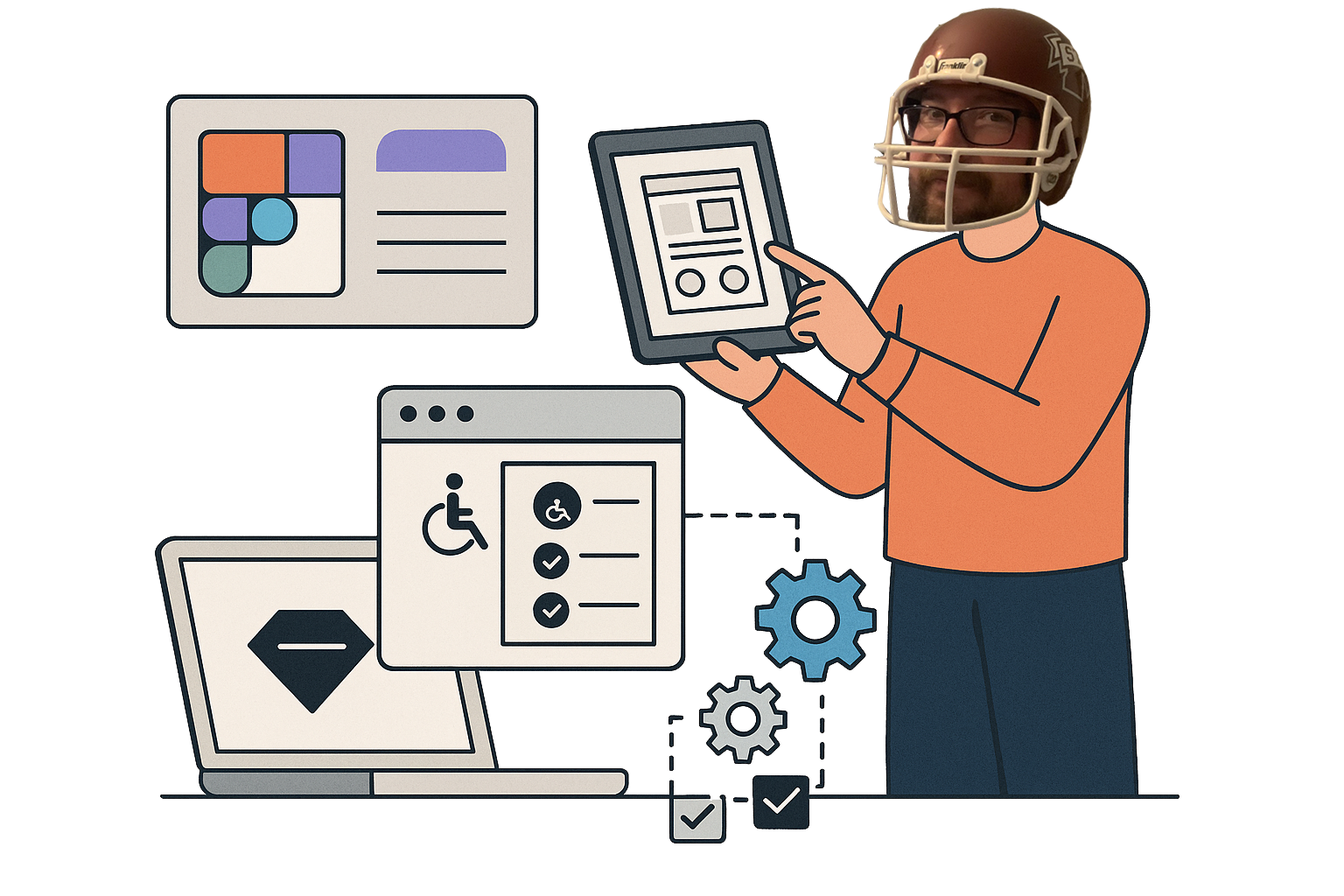 An AI generated illustration of a person pointing at a tablet, with Figma windows in the background, with gears along the bottom
