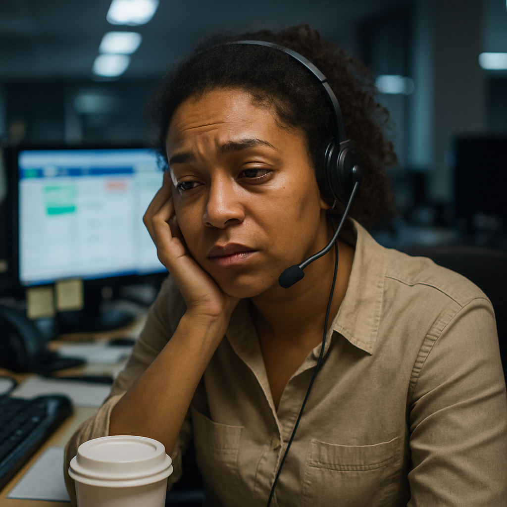 A tired call operator resting her head on her hand